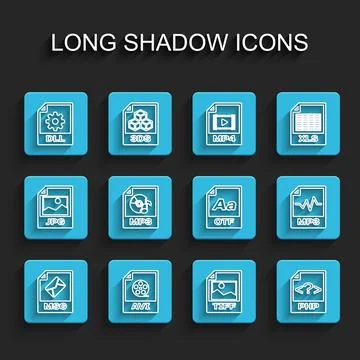 Set line MSG file document, AVI, DLL, TIFF, PHP, MP3,  and OTF icon. Vector Illustrazione stock