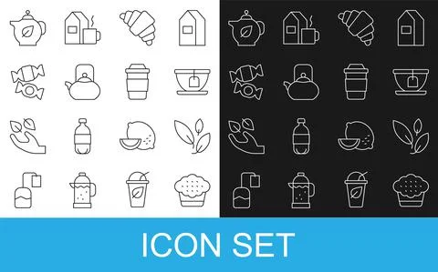 Set line Muffin, Tea leaf, Cup with tea bag, Croissant, Kettle handle, Candy Illustration