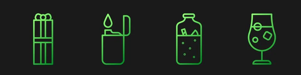 Set line Mulled wine, Gift box, Lighter and Cocktail and alcohol drink. Gra.. Stock Illustration