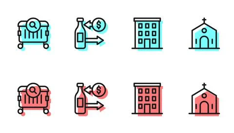 Set line Multi storey building, Searching for food, Reception of glass bottles Ilustración de archivo