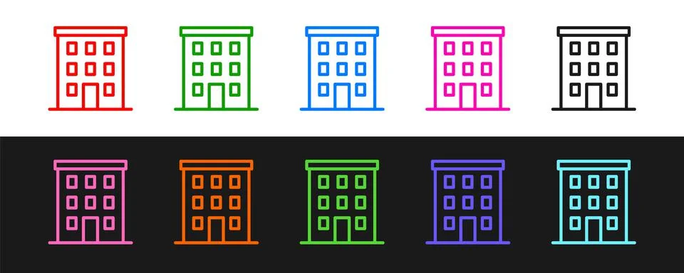 Set line Multi storey building icon isolated on black and white background Ilustración de archivo