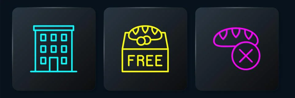 Set line Multi storey building, Donation food and . Black square button. Vector Ilustración de archivo