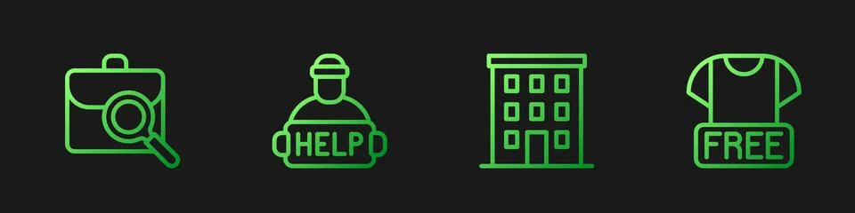 Set line Multi storey building, Work search, Help homeless and Clothes donation Ilustración de archivo