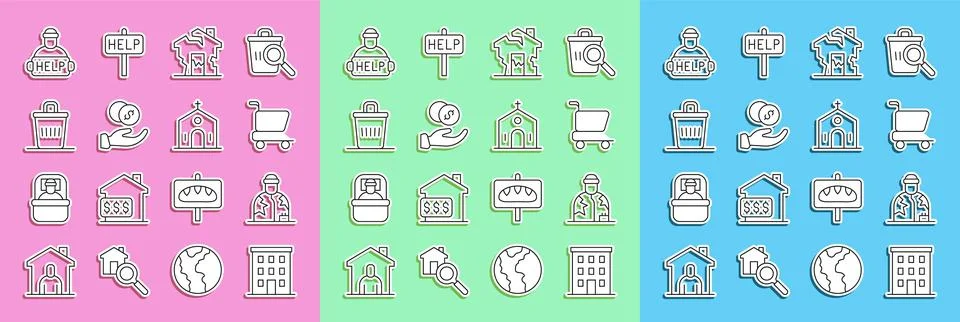 Set line Multi storey building, Homeless, Shopping cart, Ruined house, Donation Ilustración de archivo