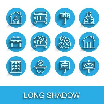 Set line Multi storey building, Donation money, Shelter for homeless, Work Ilustración de archivo