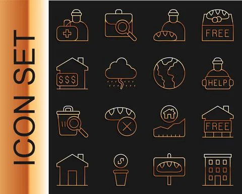 Set line Multi storey building, Shelter for homeless, Help, Feeding the, Cloud Ilustración de archivo