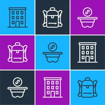 Set line Multi storey building, Donation money and Hiking backpack icon. Vector Ilustración de archivo