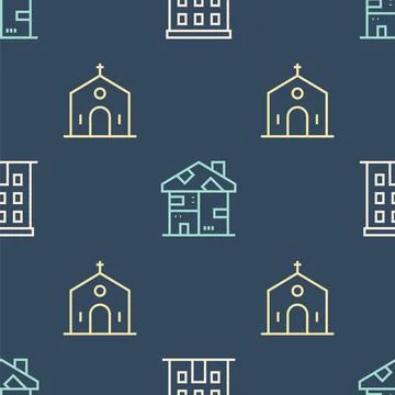 Set line Multi storey building, Church and Homeless cardboard house on seamless Ilustración de archivo