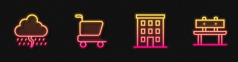 Set line Multi storey building, Cloud with rain, Shopping cart and Bench Ilustración de archivo