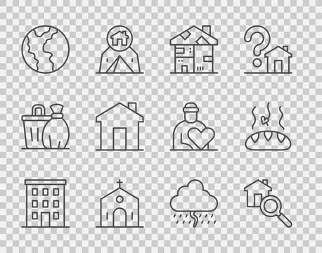 Set line Multi storey building, Search house, Homeless cardboard, Church, G.. Ilustración de archivo