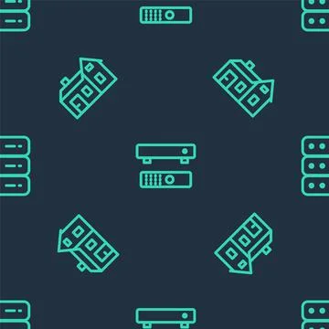 Set line Multimedia and TV box, House and Server, Data, Web Hosting on seamless Stock Illustration