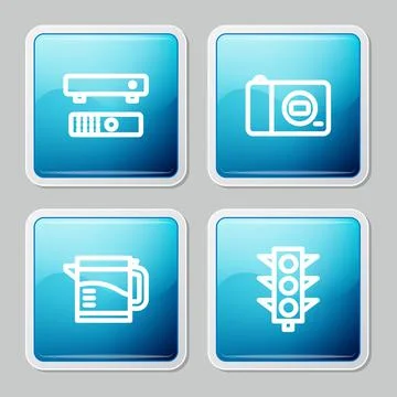 Set line Multimedia and TV box, Photo camera, Electric kettle and Traffic light Stock Illustration