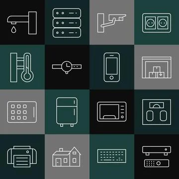 Set line Multimedia and TV box, Bathroom scales, Warehouse, Security camera Stock Illustration