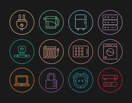 Set line Multimedia and TV box, Washer, Refrigerator, Heating radiator, Sma.. Stock Illustration