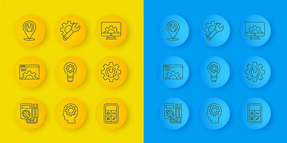 Set line Multimeter, Browser setting, Light bulb and gear, Calculator, Wrench Stock Illustration