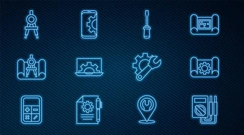 Set line Multimeter, Graphing paper and gear, Screwdriver, Laptop, compass,.. Stock Illustration