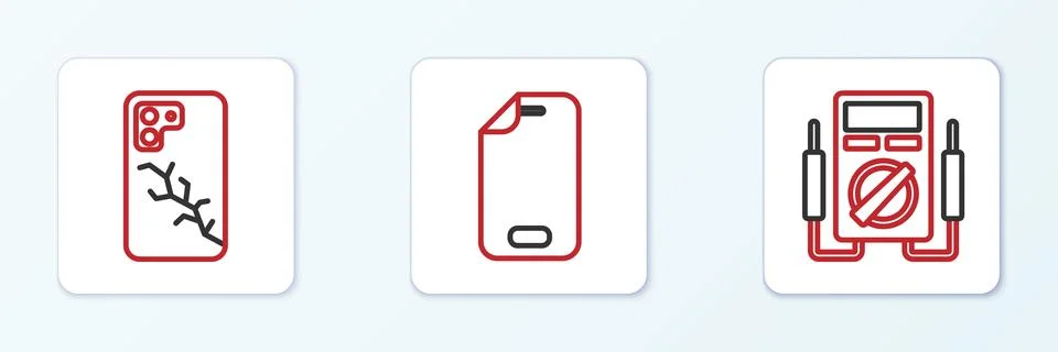 Set line Multimeter, Mobile with broken screen and Glass protector icon. Vector Stock Illustration