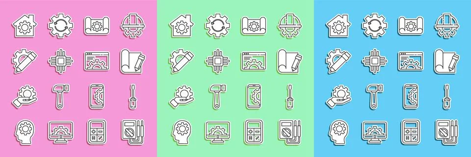 Set line Multimeter, Screwdriver, Graphing paper and pencil, gear, Processor Illustrazione stock
