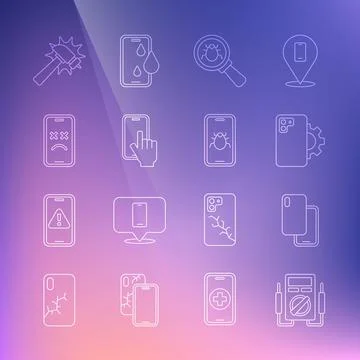 Set line Multimeter, Smartphone, Phone repair service, System bug, Dead mobile Stock Illustration