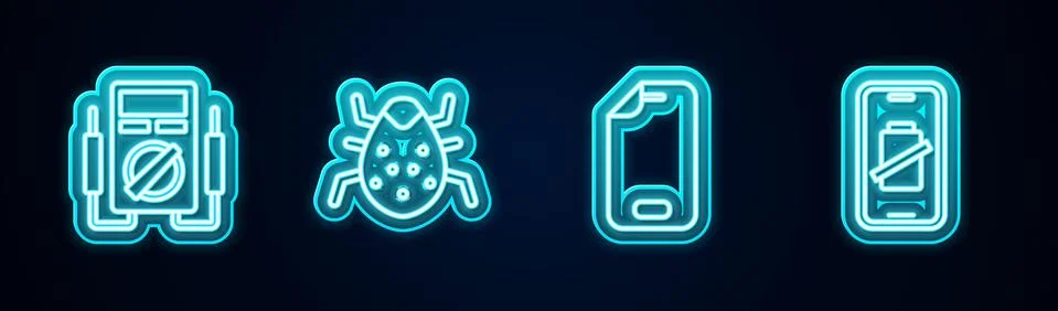 Set line Multimeter, System bug, Glass screen protector and Smartphone battery Illustrazione stock