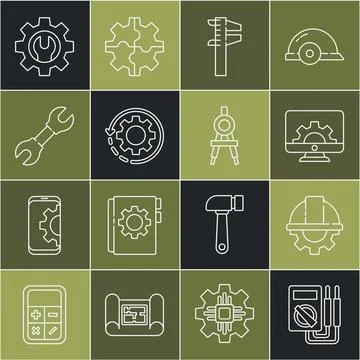 Set line Multimeter, Worker safety helmet and gear, Computer monitor, Calliper Illustrazione stock