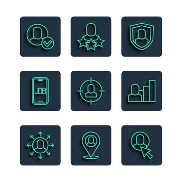 Set line Multitasking manager working, Worker location, User protection, Head Stockillustratie