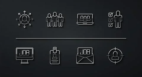 Set line Multitasking manager working, Search job, Resume, Identification badge Stock Illustration