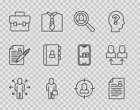 Set line Multitasking manager working, Resume, Magnifying glass for search .. Illustrazione stock