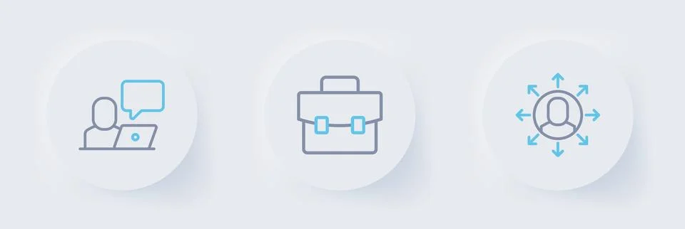 Set line Multitasking manager working, Briefcase and Freelancer icon. Vector Illustrazione stock