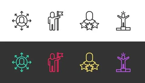 Set line Multitasking manager working, Man holding flag, Productive human a.. 스톡 일러스트