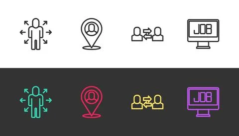 Set line Multitasking manager working, Worker location, Exchange and Search.. Ilustración de archivo