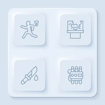 Set line Murder, Broken window, Bloody knife and Dynamite and timer clock. White Stock Illustration