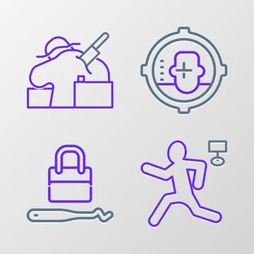 Set line Murder, Lock picks for lock picking, Headshot and  icon. Vector Stock Illustration