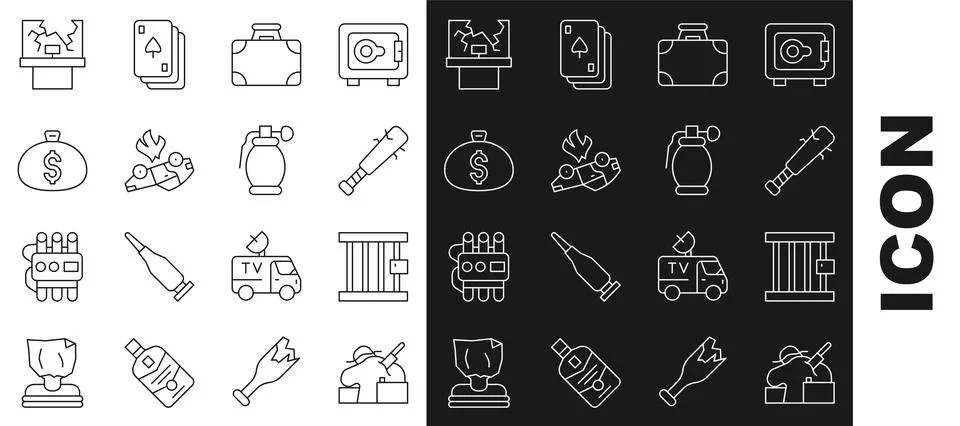 Set line Murder, Prison window, Baseball bat with nails, Briefcase and mone.. Stock Illustration