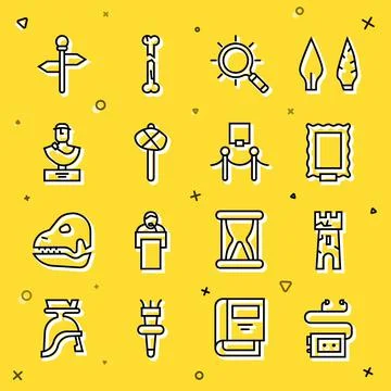 Set line Museum audio guide, Castle tower, Picture, Magnifying glass, Stone age Stock Illustration