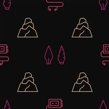 Set line Museum audio guide, Rock stones and Stone age arrow head on seamle.. Stock Illustration