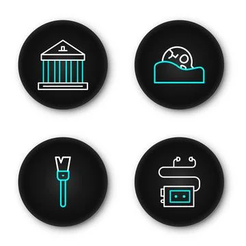Set line Museum audio guide, Paint brush, Human skull and building icon. Vect Ilustración de archivo