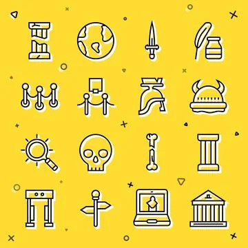 Set line Museum building, Ancient column, Viking horned helmet, Dagger, Picture Ilustración de archivo