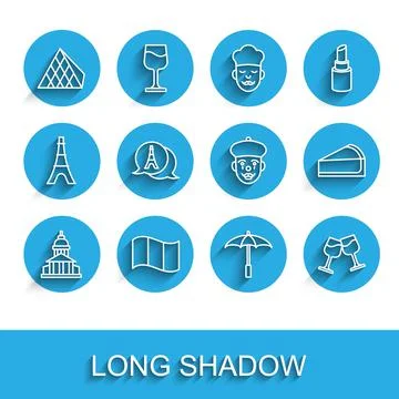 Set line Museum building, Flag France, Louvre glass pyramid, Umbrella for beach Stock Illustration