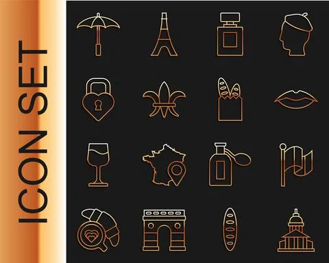 Set line Museum building, Flag France, Smiling lips, Perfume, Fleur De Lys Illustrazione stock