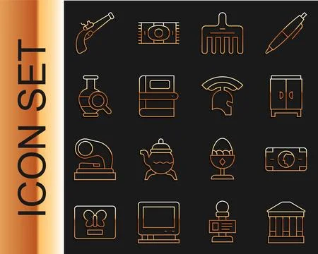 Set line Museum building, Stacks paper money cash, Wardrobe, Hairbrush, Boo.. Ilustración de archivo