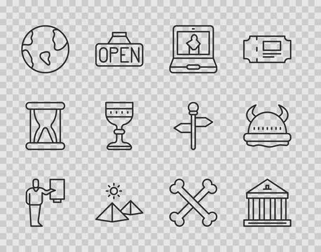 Set line Museum guide, building, Online museum, Egypt pyramids, Earth globe Ilustración de archivo