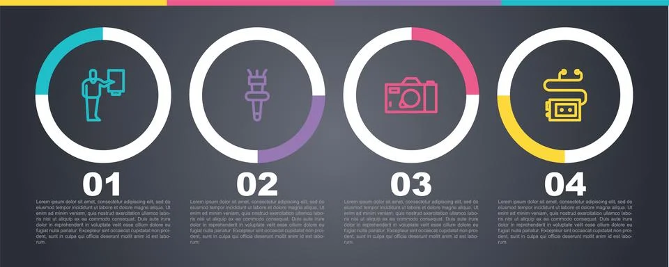 Set line Museum guide, Torch flame, Photo camera and audio. Business infographic 스톡 일러스트