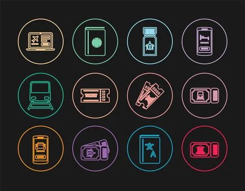 Set line Museum ticket, Train, Airline, Ticket, Laptop with, and Cover book Illustrazione stock