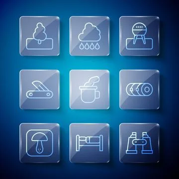 Set line Mushroom, Bed, Binoculars, Barbecue grill, Cup of tea, Swiss army .. Stock Illustration