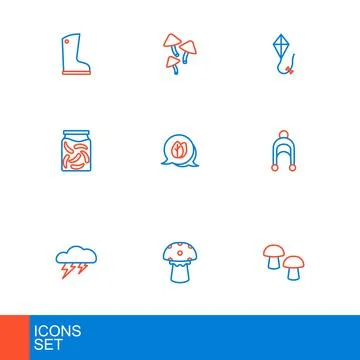 Set line Mushroom, Cloud and lightning, Leaf, Pickled cucumbers jar, Kite a.. Stock Illustration