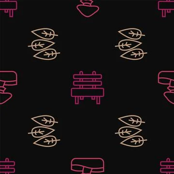 Set line Mushroom, Leaf or leaves and Bench on seamless pattern. Vector Illustrazione stock