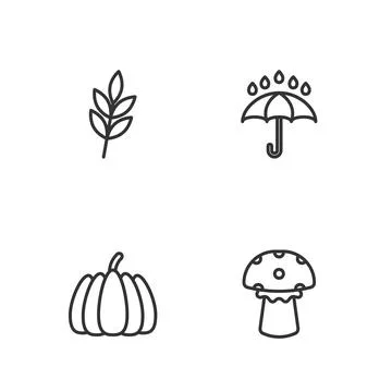 Set line Mushroom, Pumpkin, Leaf and Umbrella and rain drops icon. Vector Ilustración de archivo