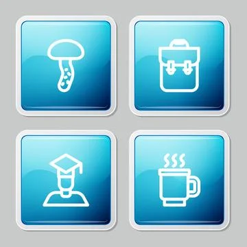 Set line Mushroom, School backpack, Graduate and graduation cap and Cup of tea Stock Illustration
