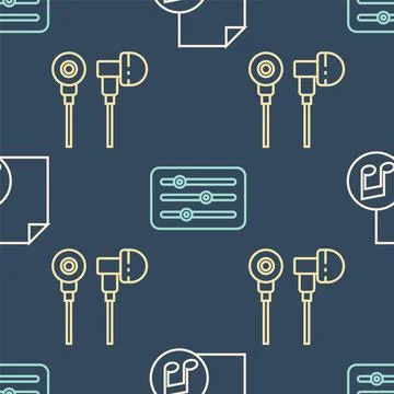 Set line Music book with note, Air headphones and Sound mixer controller on Illustrazione stock